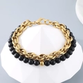 Double-layer men's bracelet with gold stainless steel chain and matte black onyx beads - Gold Color (KB185325-Z)