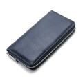 Navy blue genuine leather long zipper wallet with classic litchi grain texture - 20x2.5x10cm / Blue