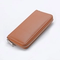 Brown leather long wallet with litchi texture and silver zipper for women - 20x2.5x10cm / Brown