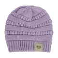 Close-up of lavender knit baby beanie with a leather MOK KIDS label detail - Purple