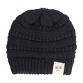 Close-up of black knit baby beanie featuring clear MOK KIDS textile label stitching - Black