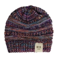 Close-up of multicolor knit texture and MOK KIDS fabric label on baby winter beanie - Orange Purple Black Mix