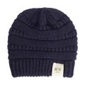 Macro detail of dark blue knitted baby winter hat with MOK label on a white background - Navy Blue