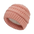 Close-up of pink knit baby hat with soft white faux fur lining for winter warmth - Fleece Lined Style / Dusty Pink