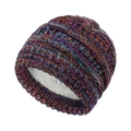 Detail of warm winter knit hat showing thick white fleece lining and colorful mixed yarn - Fleece Lined Style / Orange Purple Black Mix