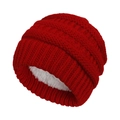 Close-up of red cable knit winter hat with thick white fleece lining for warmth - Fleece Lined Style / Red