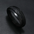 Retro multi-layer braided leather bracelet with black matte magnetic metal buckle - Black