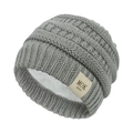 Close-up of grey knit baby hat showing thick cable pattern and warm fleece lining - Fleece Lined MOK / Light Gray