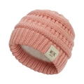 Detail of pink cable knit baby hat featuring warm white fleece lining and MOK logo - Fleece Lined MOK / Dusty Pink