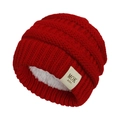 Detail of red cable knit baby hat with warm white fleece lining and MOK KIDS logo - Fleece Lined MOK / Red