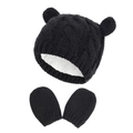 Detail view of baby knit hat and mittens set with bear ears and thick fleece lining - Size L (6-18 Months) / Black