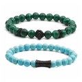 Set de pulseras de cuentas de malaquita y turquesa con cabeza de león negra y dije - Set de Circonita Negra