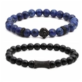 Men's blue sodalite and black beaded bracelet set with lion head and metal spacers - Blue Black Gun Black Lion Head Set