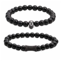 Men's black stone bead bracelet set with skull charm and textured metal cylinder - Polished Stone Gun Black Skull Set