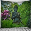 Abstract Zen Buddha tapestry featuring pink azaleas and green ferns for yoga decor - Zen Garden Stone Buddha (9)