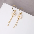 Golden hoop earrings with white daisy flower charms and long metal tassels - Daisy Hoop Tassel (E3244)