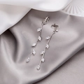 Elegant silver long tassel earrings with marquise zircon leaves on white silk fabric - Zircon Willow Chain (E3170)