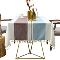 Rectangular striped linen tablecloth with tassels in brown, white and blue colors - 90*90cm / Blue-Coffee Stripes (Waterproof Field Life)
