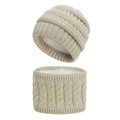Detail of beige cable knit baby hat and scarf set with thick white fleece lining - Beige