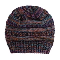 Detailed macro view of multicolor mixed knit texture on thick winter beanie hat - Orange Purple Black Mix