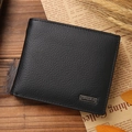 Classic black leather bi-fold wallet for men with textured finish and metal logo - Black