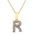 Collana in acciaio al titanio dorato con ciondolo a lettera R impreziosito da cristalli - Lettera R (KN89539-K)
