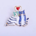 Cute enamel cat brooch with blue stripes and red heart in golden alloy finish - YNCP3330 Blue