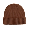 Detail of caramel brown knitted beanie featuring ribbed texture and warm folded cuff design - One Size / Coffee