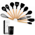 Detailed overview of 12-piece black silicone kitchen utensil set with wooden handles - Black