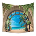 3D tropical beach tapestry featuring stone arch window and lush green palm trees - 73X95CM / Archway Palm Beach (GT200008)/Brushed Fabric
