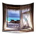 Bohemian tapestry featuring a tropical ocean view with a wooden terrace and beach chairs - 73X95CM / Terrace Lounge Chair (GT200136)/Brushed Fabric