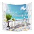 Arazzo bohémien con vista sul Mar Mediterraneo da un balcone italiano bianco - 73X95CM / Vista Mare Balcone Bianco/Tessuto Spazzolato