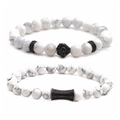 White howlite bead bracelet set featuring lion head and textured tube bar charms - Black Zirconia Set