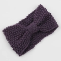 Detail of purple chunky knit headband featuring bohemian texture and bow knot style - Purple