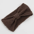 Close-up of thick corn kernel knit texture and twist knot on dark brown winter headband - Khaki