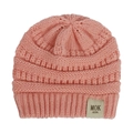 Close-up of pink knit baby beanie showing detailed wool texture and MOK KIDS label - Dusty Pink