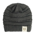 Detailed close-up of dark grey knitted kids beanie featuring a MOK KIDS woven label - Dark Gray