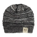 Detail of the chunky knit texture and MOK logo patch on the baby winter beanie hat - Black Grey White Mix