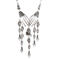 Gothic punk multilayer skeleton hand and skull necklace with rhinestones on white background - Antique Silver