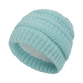 Detail of light blue cable knit baby hat with warm white fleece lining and soft texture - Fleece Lined Style / Light Blue