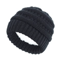 Detail of black knit beanie for kids showing warm white fleece lining and thick weave - Fleece Lined Style / Black
