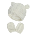 Detailed view of cream-white knitted baby hat with cute ears and matching gloves set - Size L (6-18 Months) / White