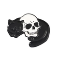 Cute enamel brooch featuring a black cat curled around a white skull gothic style design - Gothic Cat and Skull Style A