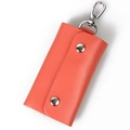 Orange genuine leather key pouch with double snap closure and metal hook attachment - Watermelon red