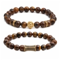 Pulsera de cuentas de ojo de tigre con cabeza de león dorada y cilindro micro pavé - Conjunto Dorado