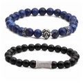 Blue stone and black beaded bracelet set with silver lion head and zircon tube - Blue Black White Gold Lion Head Set