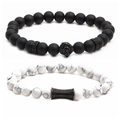 Matte black lion head bead bracelet set with white turquoise and paved crystal tube - Black Set A