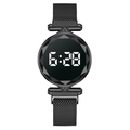 Reloj electrónico LED negro para mujer con cristal tallado diamante y correa milanesa - Negro
