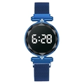 Reloj digital azul para mujer con bisel de pedrería y correa milanesa magnética - Azul