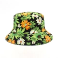 Close-up of floral bucket hat showing durable canvas texture and reinforced brim stitching - M(56-58cm) / Black With Green Daisy